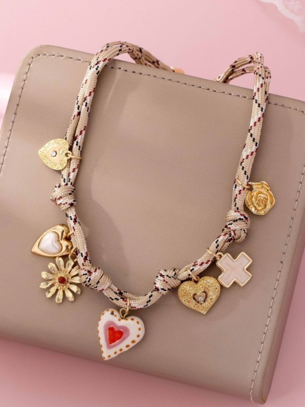 Ivory & Red Cord Multi-charm Boho Necklace